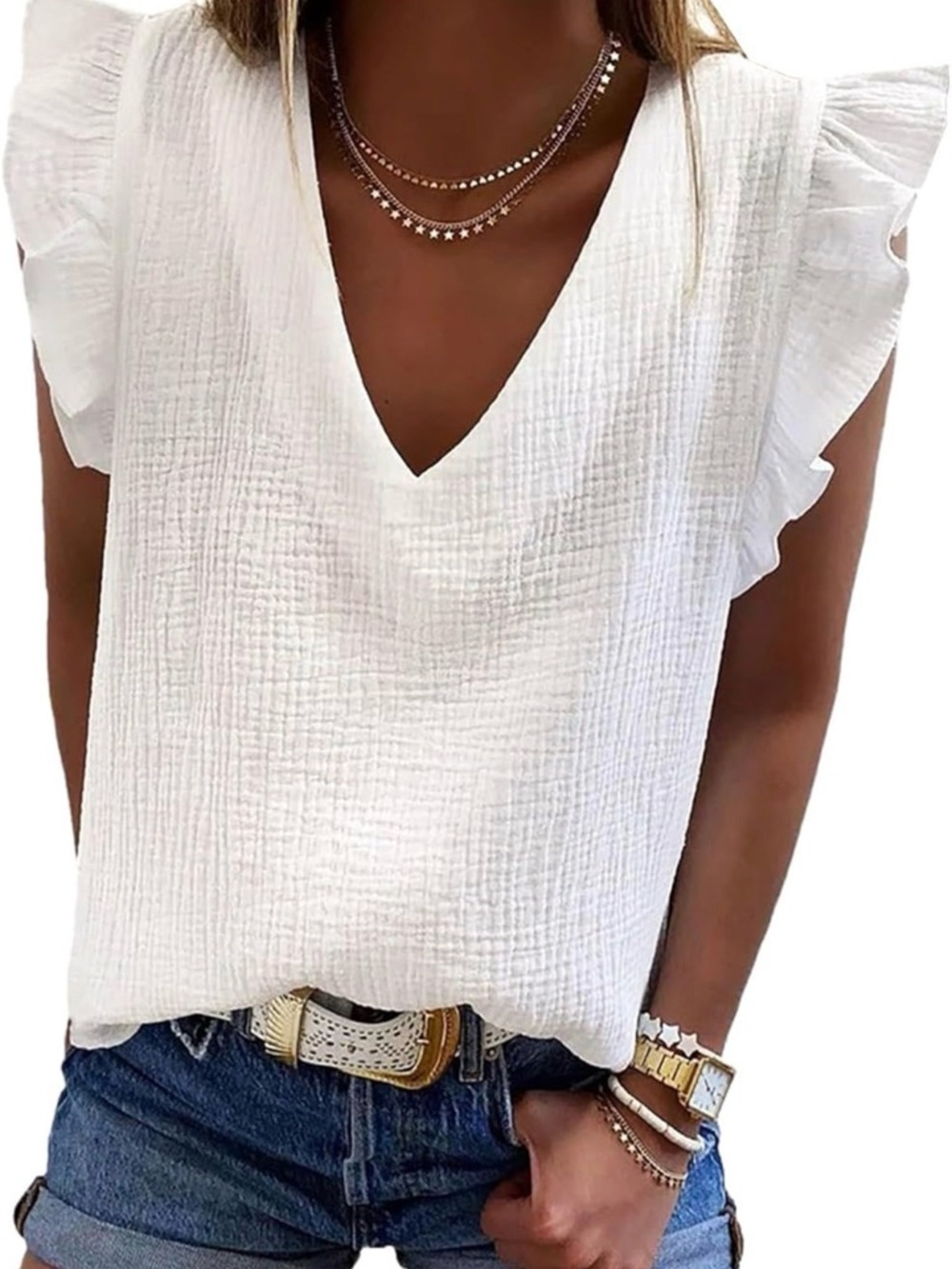 Women's White V-Neck Ruffle Sleeve Top